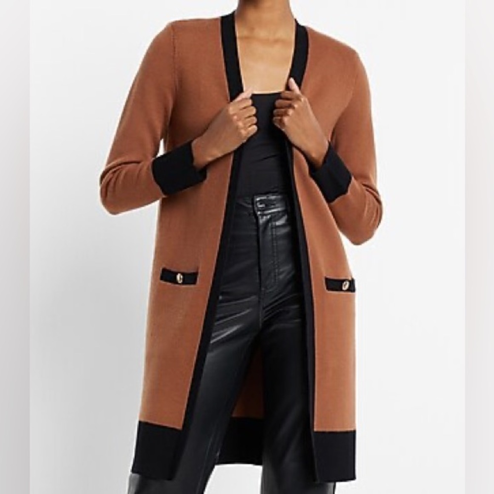 Express Long Open Cardigan Sweater with Padded Shoulders